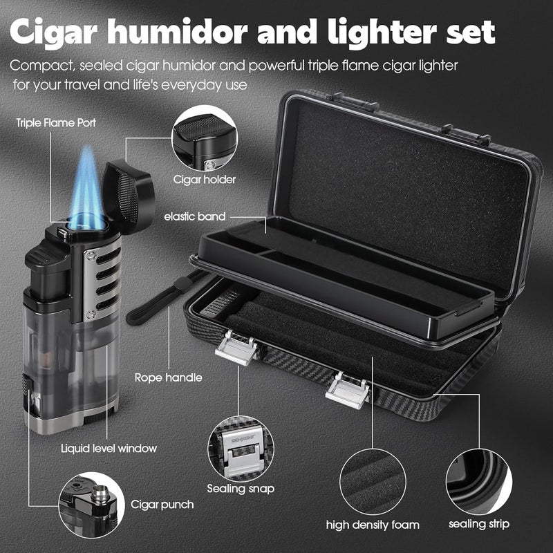 SEMKONT Cigar Humidor, Portable Travel Cigar Box, Double Cigar Humidor with Separate Storage for Cigar Accessories, Cigar Travel Case with Cigar Lighter(No Butane), Holds 5 Cigars (Carbon Fiber) - Image 3